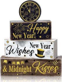 4 Pcs New Year Decoration Eve Party Supplies 2026 Gold Black Tiered Tray Decor Happy New Year Centerpiece Rustic Decorative Clock Block Signs Gif