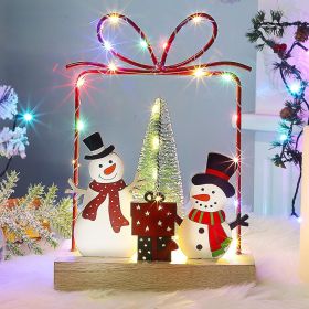 Home Christmas Tabletop Decoration, Wooden Pre-lit Xmas Snowmen Gift Boxes Ornament with Metal Frame