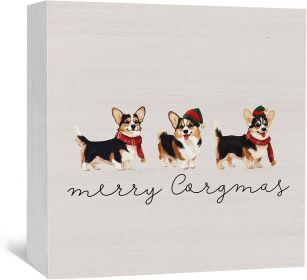 Christmas Wooden Box Sign, Corgi Dog Christmas Decorations, Merry Corgmas Wood Signs For Home Office Desk Shelf Table Decor, 5x5 Inch