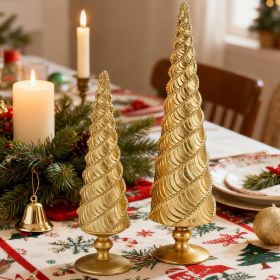 2Pcs Christmas Tree Figurines, Gold Resin Christmas Trees with Spiral Design, Small Decorative Tabletop Trees for Mantel