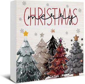 Farmhouse Christmas Decor, Merry Christmas Decorations, Christmas Trees Star Wooden Sign Rustic Home Shelf Desk Decor 5 x 5 Inches