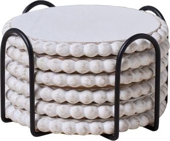 6 Pack Farmhouse Wooden Bead Coasters with Metal Holder for Coffee Table Decor, Round Handmade Cup Coasters Set for Drinks Absorbent