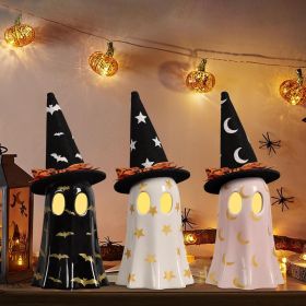 Halloween Decorations Indoor, Set of 3 Ceramic Ghosts with Witch Hats, Cute Spooky Halloween Ghost Figurines for Mantel, Shelf & Tabletop Decor