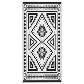Reversible Outdoor Rug, Waterproof Plastic Straw With Carry Bag, 9 X 18, Black & White Square Patchwork (Color: Black)