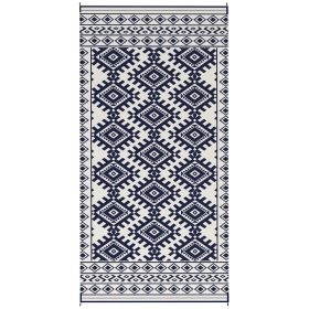Reversible Outdoor Rug, Waterproof Plastic Straw With Carry Bag, 9 X 18, Blue & White Rhombus Border (Color: Blue)