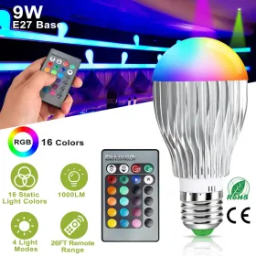 9W LED Light Bulb E27 RGB Lamp Bulb 16 Colors Changable 24-key IR Remote Control (Color: White)