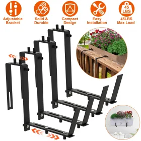 Telescopic Window Planter Bracket, Iron No-Drill Wall-Mounted Flower Box Holder, Tray & Dual-Size Hook, Indoor Outdoor Rustproof Rail Hanging Bas (Color: Black)