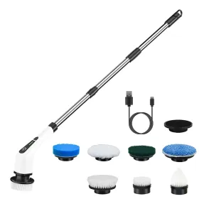 Electric Spin Scrubber Cordless Rechargeable Telescopic Cleaning Brush 8 Replaceable Heads 2 Speed Adjustable Extension Arm Bathroom Tub Tile Flo (Color: Silver)