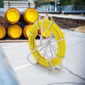 Fish Tape Fiberglass, 656 Ft, 1/4 Inch, Duct Rodder Fishtape Wire Puller, Cable Running Rod With Steel Reel Stand, 3 Pulling Heads, Fishing Tools (Color: Yellow)